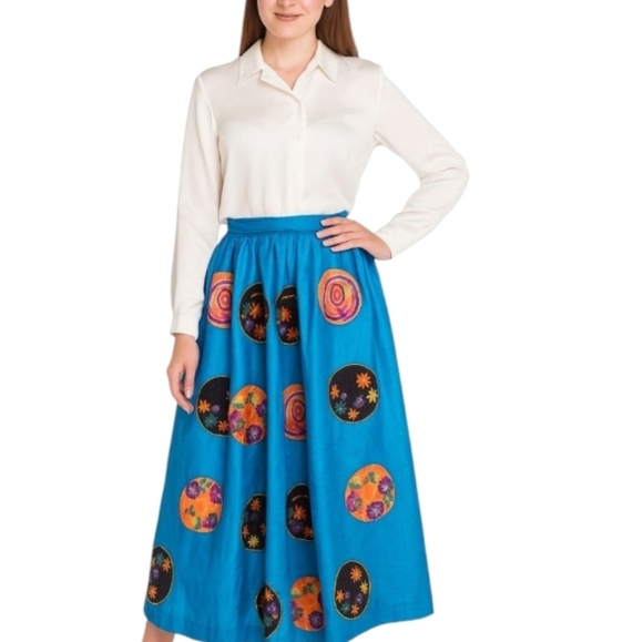Vtg 70s silk embroidered beaded turquoise blue bohemian Designer maxi skirt XS - Picture 1 of 12